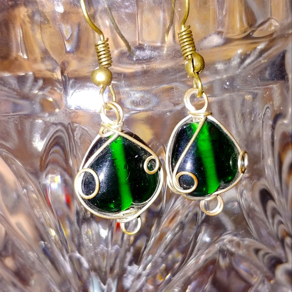 Wire wrapped green glass earrings